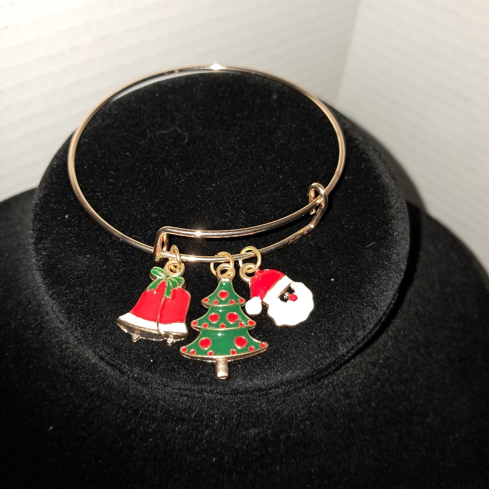 Christmas Goldtone Bells, Tree and Santa Charm Enamel Bracelet